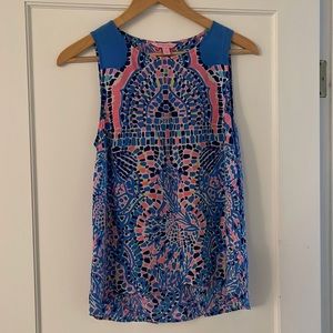 Lilly Pulitzer silk flowy sleeveless top blouse cut out back size S pink blue